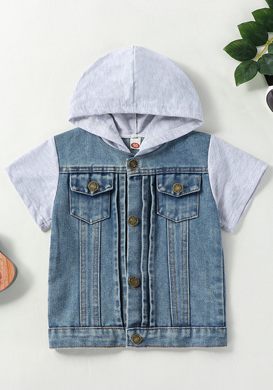 Summer Boys Single Breasted Hooded Short Sleeve Denim Jacket