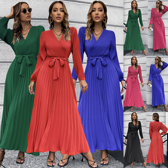 Women Autumn V-Neck Long Sleeve Pleated Maxi Dress