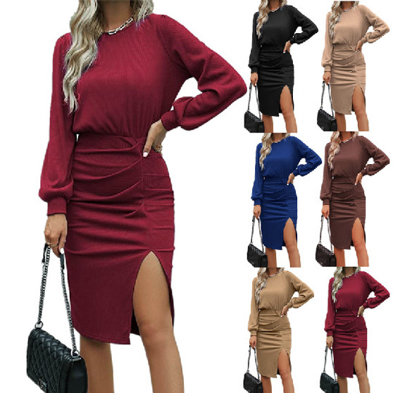 Fall Winter Women'S Ribbed Slim Waist Lantern Long Sleeve Knitting Split Midi Chic Dress