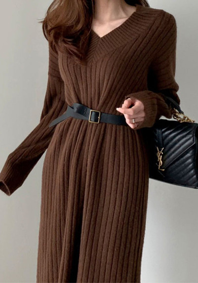 Autumn And Winter Retro Chic Knitting Dress Women's Loose Lazy Style Basic Sweater Long Dress