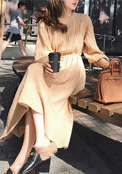 Women's Trendy Autumn And Winter Retro Long-Sleeved Dress Knitting Sweater Basic Dress