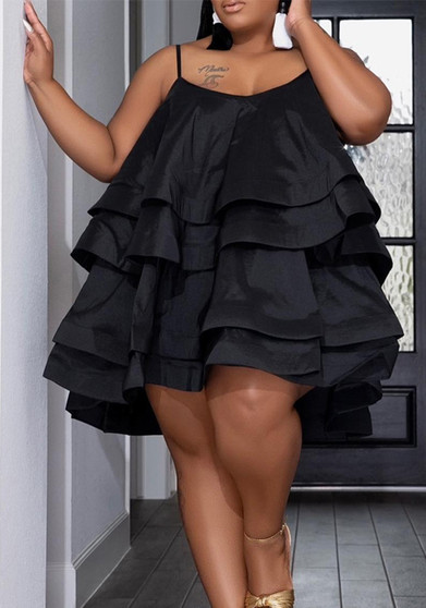 Plus Size Women Suspenders Cascading Ruffles Dress