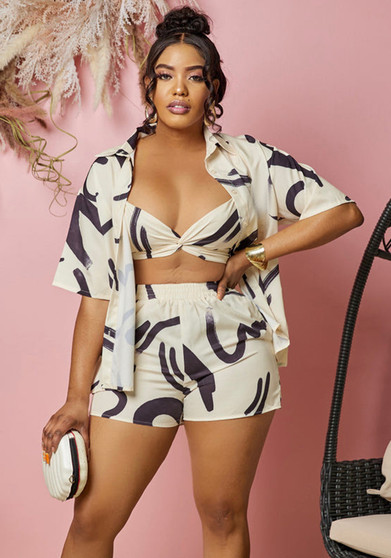 Abstract Print Bra Loose Shirt Tight Fitting Shorts Plus Size Three Piece Set