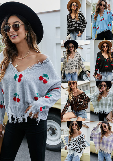 Women Loose V-Neck Tassel Crop Sweater