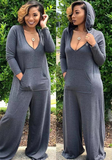 Women Hooded Pocket Wide Leg Jumpsuit