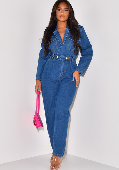 Women Turndown Collar Denim Jumpsuit