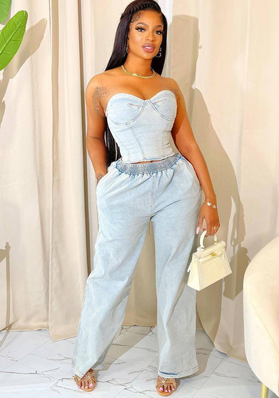 Summer Fashion Strapless Casual Stretch Denim Two-Piece Pants Set