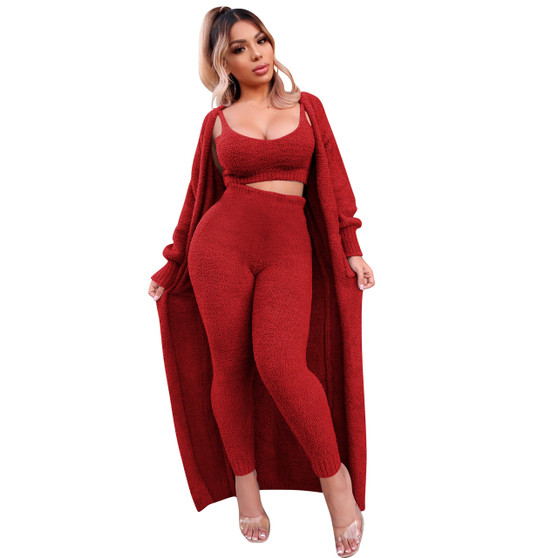 Ladies Sexy SuspendersTop Long Coat and Pant Three-Piece