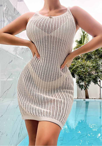 Sexy Straps Tight Fitting Hollow Out U-Neck Knitting Beach Dress