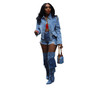 Women Drilled Shirt Collar Long Sleeve Denim Jacket