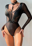 Women mesh long-sleeved hollow See-Through Patchwork Halter Neck V-neck Bodysuit