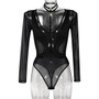 Women mesh long-sleeved hollow See-Through Patchwork Halter Neck V-neck Bodysuit