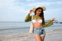 Women Spring Summer Beach Cover Up Solid Bell Bottom Sleeve Knitting Top