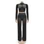 Fashionable Women's Solid Color Beaded Mesh Long-Sleeved Two-Piece Trousers Set