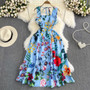 Retro Straps Fashionable Printed Slim Waist A-Line Dress Beach Holidays Long Dress