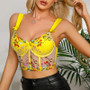 Women summer v-neck sexy lace embroidered steel ring fishbone mesh See-Through vest