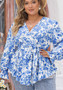 Spring Ruffled Tops Blue V-Neck Printed Long-Sleeved Shirts For Women