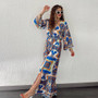 Women's Suit Fashionable Multicolor Positioning Print Top Slit Wide Leg Pants Two Pieces