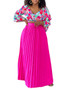 Women's Fashionable V Neck Printed Top Pleated Long Skirt African Two Piece Set