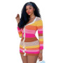 Spring Women Color Block Knitting Long Sleeve Bodycon Dress