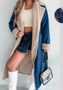 Women Sherpa Turndown Collar Strappy Double Pocket Denim Trench Coat