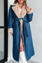 Women Sherpa Turndown Collar Strappy Double Pocket Denim Trench Coat