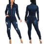 Women Stretch Ripped Washed Long Sleeve Denim Jumpsuit