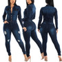 Women Stretch Ripped Washed Long Sleeve Denim Jumpsuit