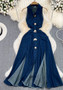 Women Vintage Turndown Collar Cut Out Sleeveless Denim Dress