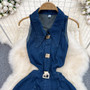 Women Vintage Turndown Collar Cut Out Sleeveless Denim Dress