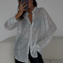 Women Solid Sequin Casual Turndown Collar Loose Long Sleeve Shirt