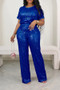 Women's Short Sleeve Sequin Casual Two Piece Pants Set