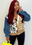 Women Winter Casual Denim Patchwork Letter Leopard Print Cardigan Sweater