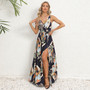 Summer Women's V-Neck Sleeveless Slit Printed Long Strap Dress