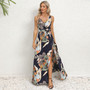 Summer Women's V-Neck Sleeveless Slit Printed Long Strap Dress