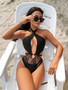 Women's Black Halter V-Neck One-Piece Swimsuit