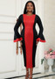 Winter Contrast Color Block Elegant Bell Bottom Sleeve Dress