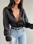 Turndown Collar Long Sleeve Buttoned Chic Slim Fit Satin Shirt For Women