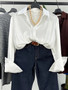 Turndown Collar Long Sleeve Buttoned Chic Slim Fit Satin Shirt For Women