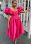 Women's Winter And Spring Fashion Square Neck Puff Sleeve Solid Color Slim Waist Maxi Dress