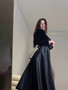 Velvet Slim Fit Slim Waist Black Round Neck Long Sleeve Dress For Women