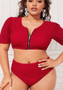 Plus Size Women Solid Zip Half Sleeve Bikini Swimwear