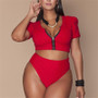 Plus Size Women Solid Zip Half Sleeve Bikini Swimwear