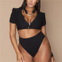 Plus Size Women Solid Zip Half Sleeve Bikini Swimwear