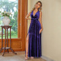 Women V Neck Slit Velvet Cocktail Evening Dress