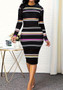 Spring And Winter Round Neck Striped Long-Sleeved Knitting Dress For Women