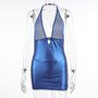 Sexy Halter Neck Hollow Net Pu Leather Patchwork Backless Bodycon Dress