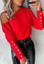 Women Solid Metal Button Slash Shoulder Button Top