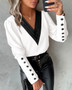 Women V Neck Solid Long Sleeve Button Top