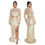 Fashionable Round Neck Mesh sequined long-sleeved top high slit skirt two-piece set for women